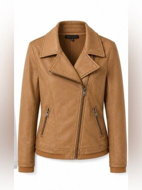 Dance & Marvel Tan Asymmetrical Zip Bomber Jacket-leather look sweatshirt